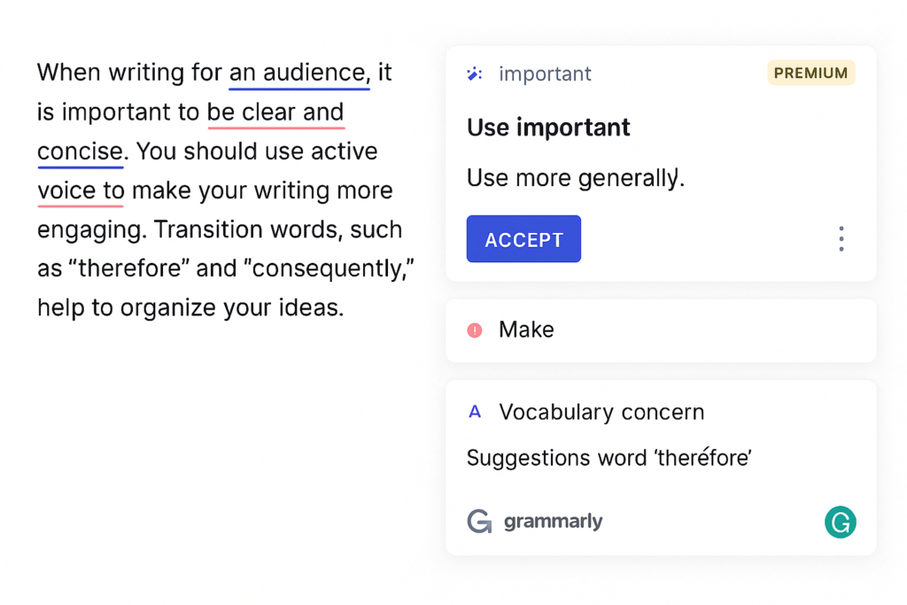 Grammarly editing suggestions for AI-written blog content