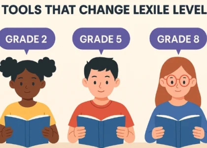 Illustration showing students reading at Grade 2, Grade 5, and Grade 8 levels to represent AI tools that change Lexile levels