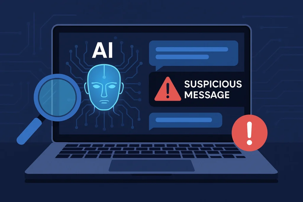 Artificial intelligence interface scanning suspicious messages to detect blackmail threats in real time.