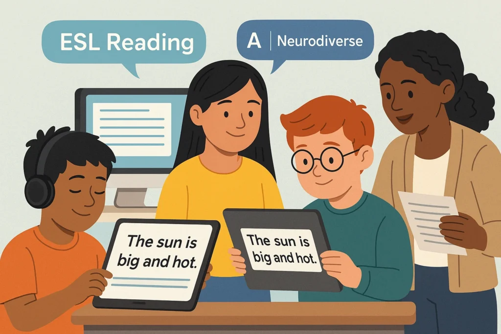 AI tools helping ESL and neurodiverse learners read simplified text using tablets and digital content in a supportive classroom setting
