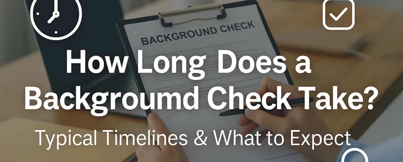 Professional office scene showing a person holding a clipboard with a background check document, overlaid with the text "How Long Does a Background Check Take? Typical Timelines & What to Expect," alongside icons of a clock, checkmark, and magnifying glass.