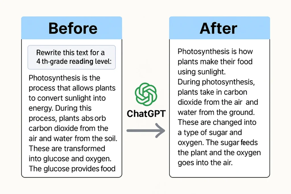 Example of ChatGPT prompt changing reading level of a paragraph from complex to simplified version using side-by-side before and after layout