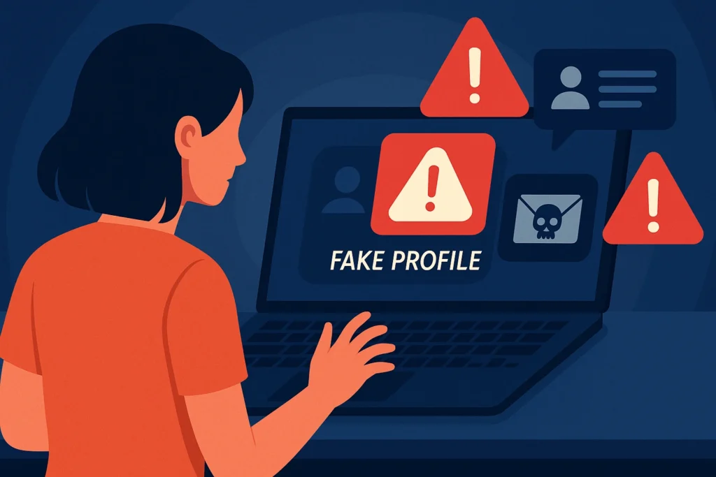 Illustration showing warning signs of online blackmail including fake profiles and threatening messages on a digital screen