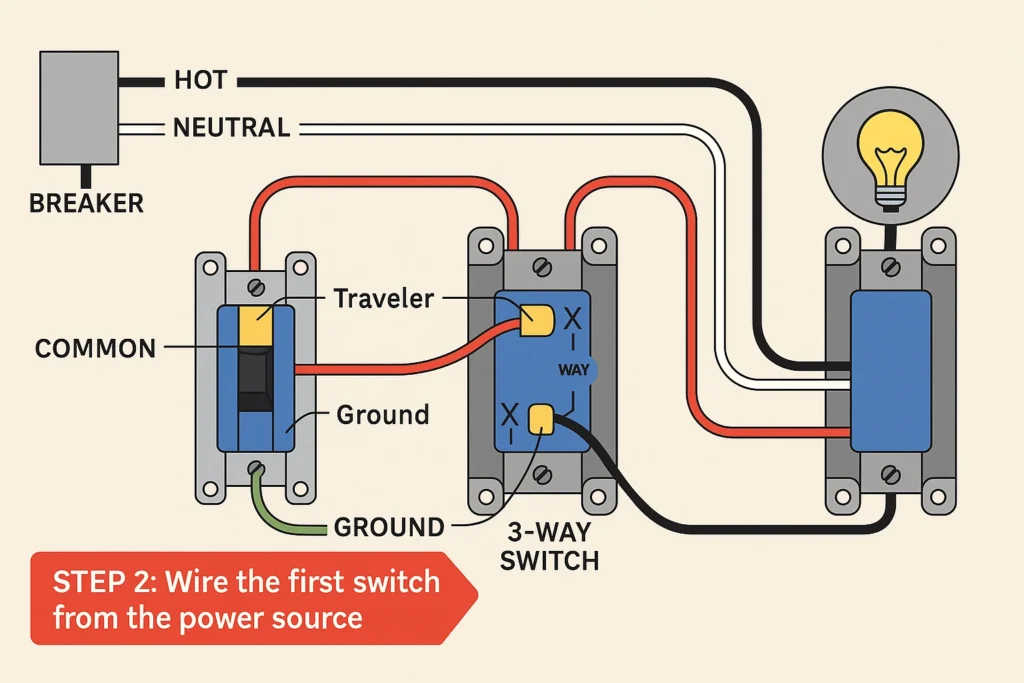Wiring diagram showing power at switch configuration for a 3 way switch with breaker, travelers, ground, and light connections