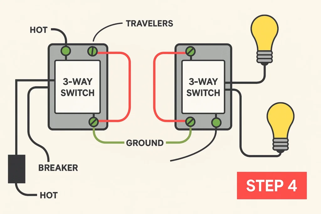 Wiring diagram showing how to control multiple lights with two 3 way switches using travelers, ground, and hot wires from breaker