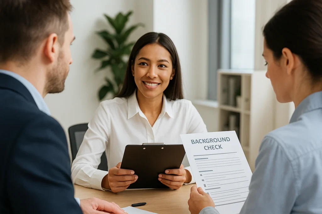 Professional office setting showing a recruiter holding a clipboard and smiling while engaging with a candidate who holds a background check document, illustrating a real-life employer and candidate case study scenario.