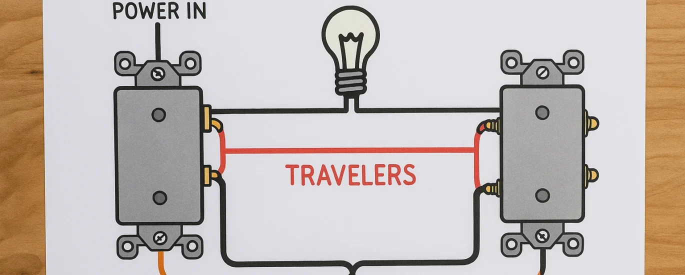 Feature image showing a hand-drawn 3 way switch wiring diagram with labeled power in, travelers, ground, and light connections on a white sheet