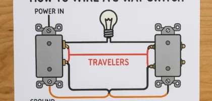 Feature image showing a hand-drawn 3 way switch wiring diagram with labeled power in, travelers, ground, and light connections on a white sheet