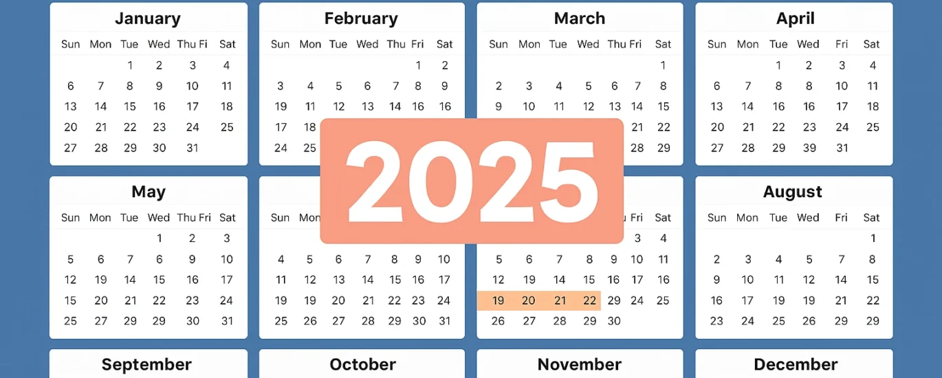 2025 yearly calendar with current week highlighted and text showing how many weeks are left in 2025