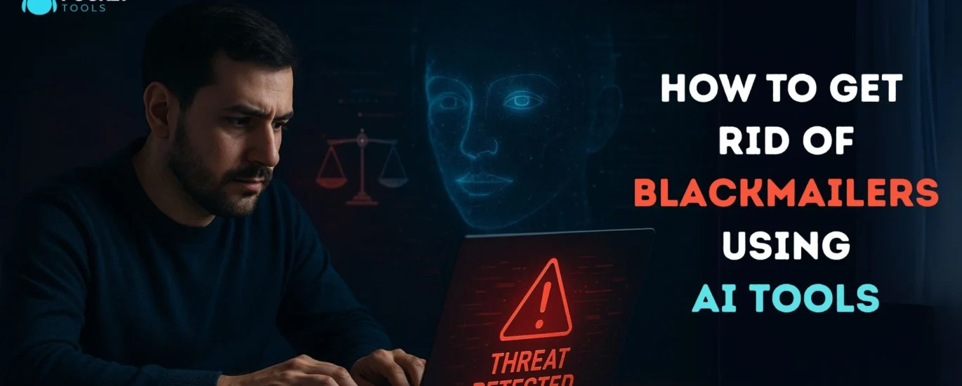Person using AI tools to get rid of blackmailers on a laptop, representing cybersecurity and legal action.