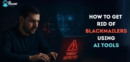 Person using AI tools to get rid of blackmailers on a laptop, representing cybersecurity and legal action.
