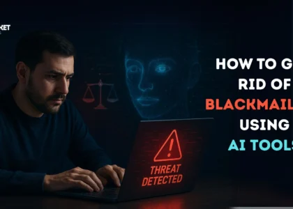 Person using AI tools to get rid of blackmailers on a laptop, representing cybersecurity and legal action.