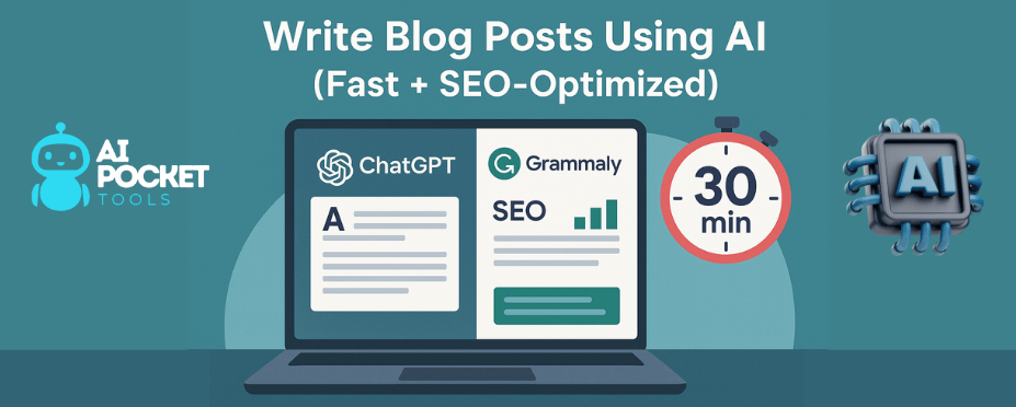 Illustration showing AI tools like ChatGPT and Grammarly used to write a blog post in 30 minutes