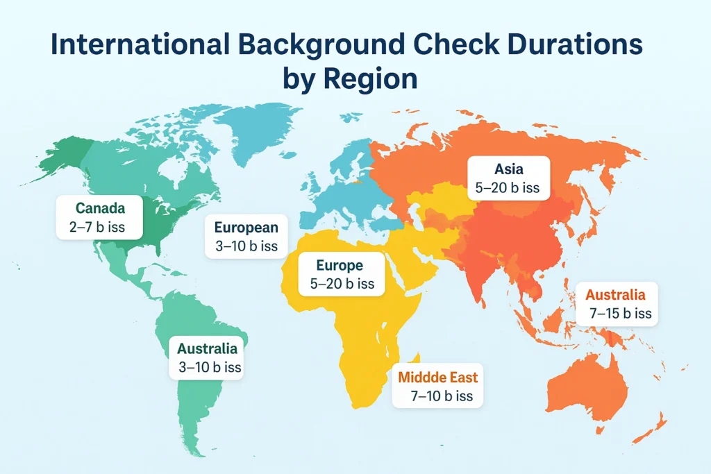 World map infographic showing average background check durations by region, with color-coded areas and labels indicating timelines for the United States, Canada, European Union, Asia, Australia, and the Middle East.