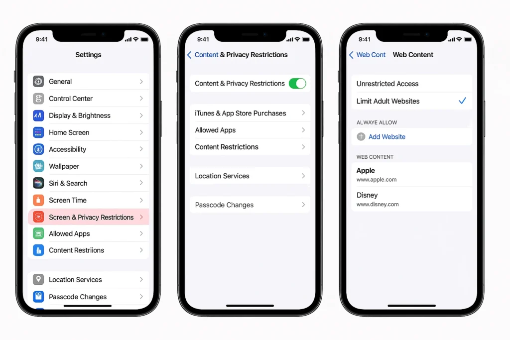 Three iPhones showing website blocking on Safari, Chrome, and Firefox browsers with warning and blocked content messages on screen