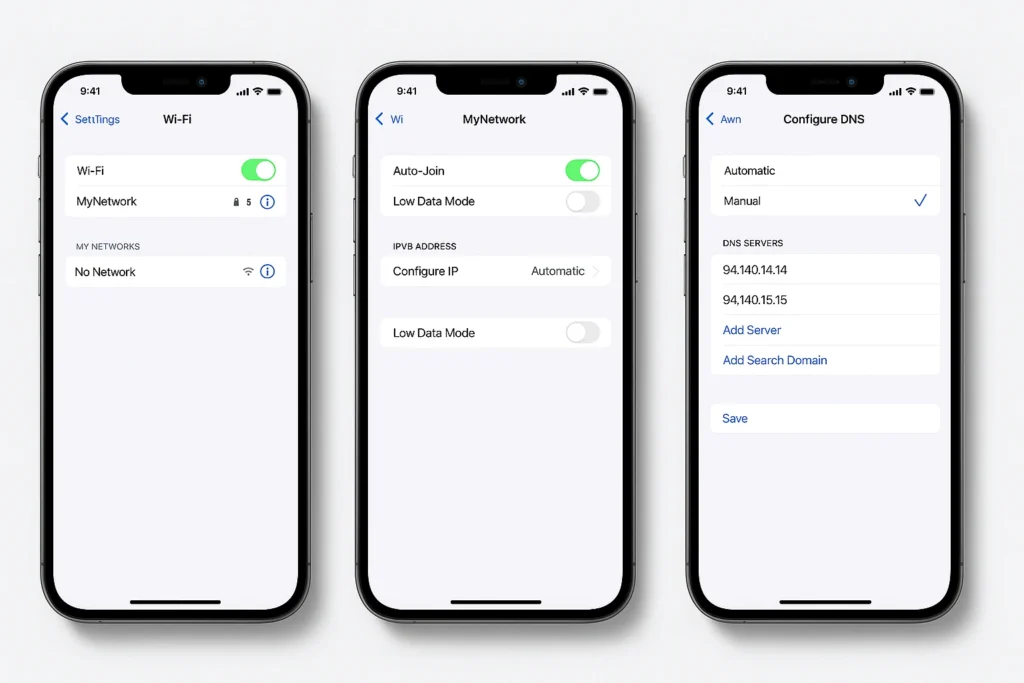 Three iPhones showing how to manually configure DNS settings on iPhone, including selecting a Wi-Fi network, opening network settings, and adding custom DNS servers