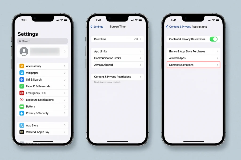 Three iPhones showing step-by-step screenshots of how to access Screen Time and enable content restrictions to block websites on iPhone