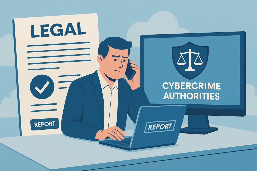 A digital illustration showing a man at a desk reporting cyber blackmail with legal documents and a computer screen displaying a cybercrime report.