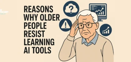 Infographic showing an elderly man confused by AI technology with icons representing barriers like fear, confusion, and lack of accessibility.