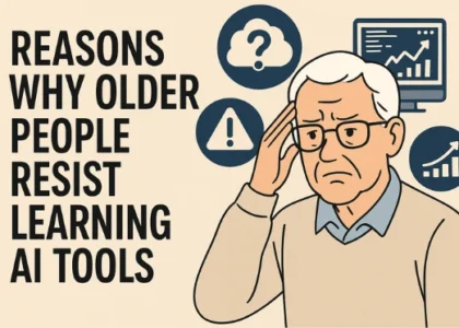 Infographic showing an elderly man confused by AI technology with icons representing barriers like fear, confusion, and lack of accessibility.