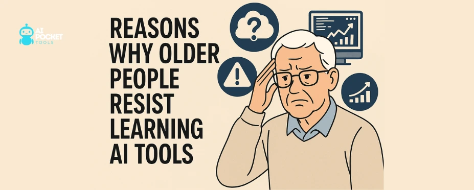 Infographic showing an elderly man confused by AI technology with icons representing barriers like fear, confusion, and lack of accessibility.
