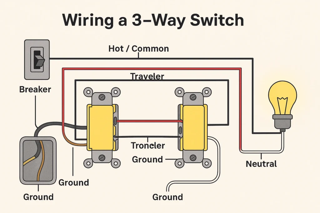 Labeled wiring diagram showing how to wire a 3 way switch with breaker, traveler wires, ground, and neutral connections